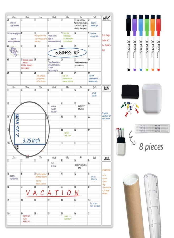 JJPRO Dry Erase Wall Calendar 3 Month Calendar - Blank Undated Reusable Quarterly Calendar - Whiteboard Premium Laminated Poster - Laminated Office Jumbo 38x26 Inches Wall Calendar (Vertical) - Image 1